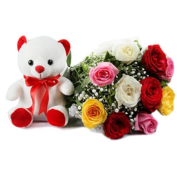 10 assorted fresh roses with a cute teddy bear